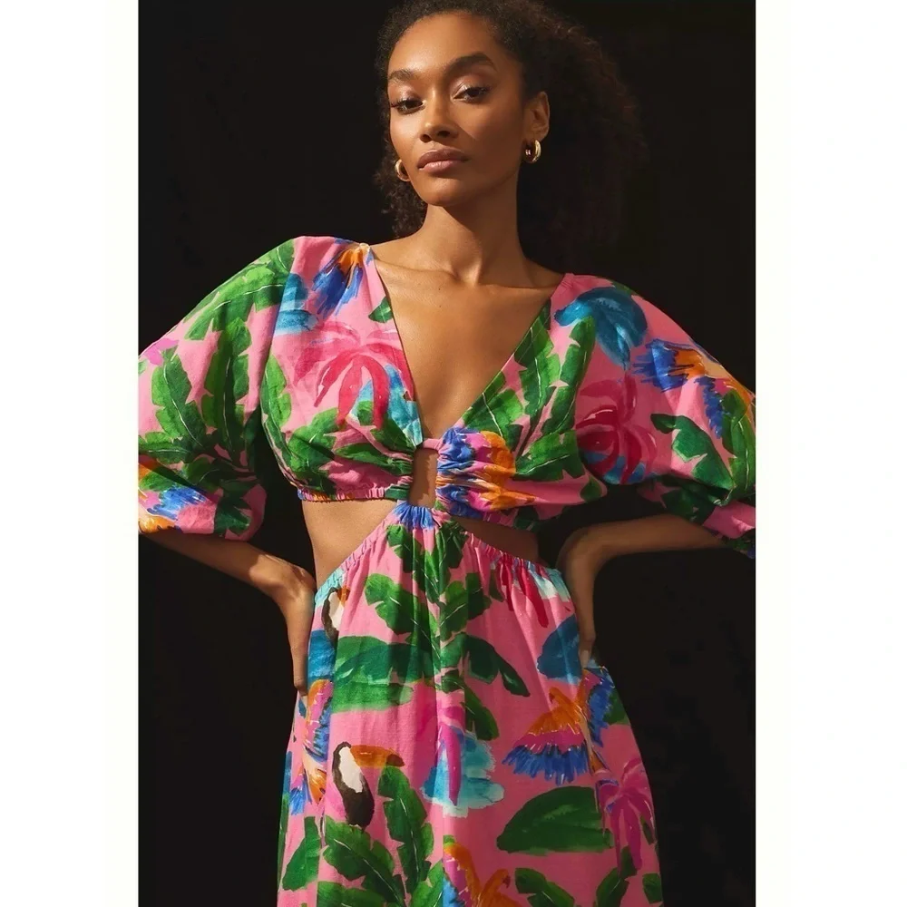 Anthropologie XL FARM RIO X ANTHROPOLOGIE PRINTED V-NECK CUTOUT DRESS - Picture 1 of 4